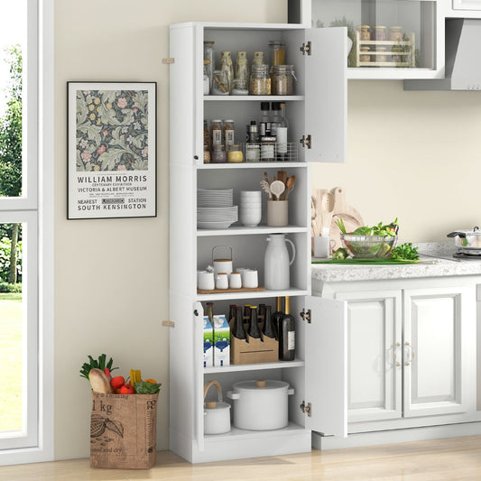 190cm Tall Freestanding Cupboard with Doors and Shelves-White