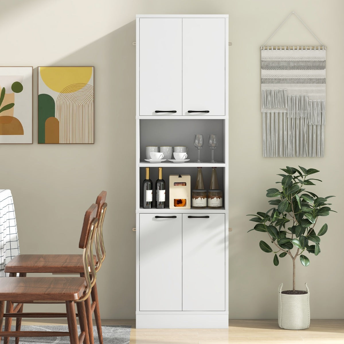 190cm Tall Freestanding Cupboard with Doors and Shelves-White