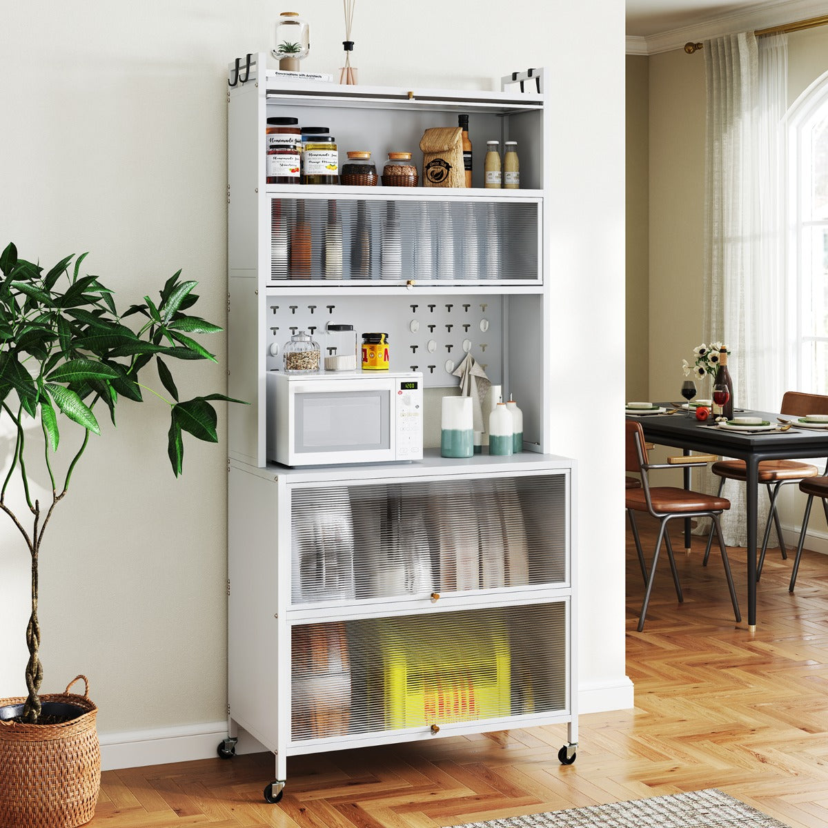 6-Tier Kitchen Pantry Cabinet Buffet Cabinet with Hutch-White