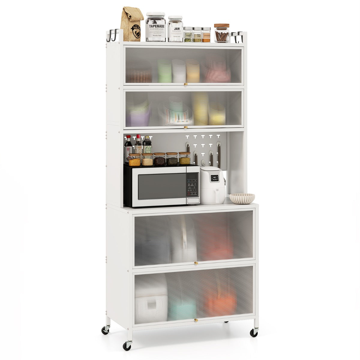 6-Tier Kitchen Pantry Cabinet Buffet Cabinet with Hutch-White