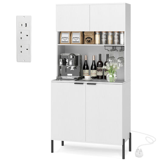 Kitchen Pantry Cabinet with Power Outlets and Wine Racks-White