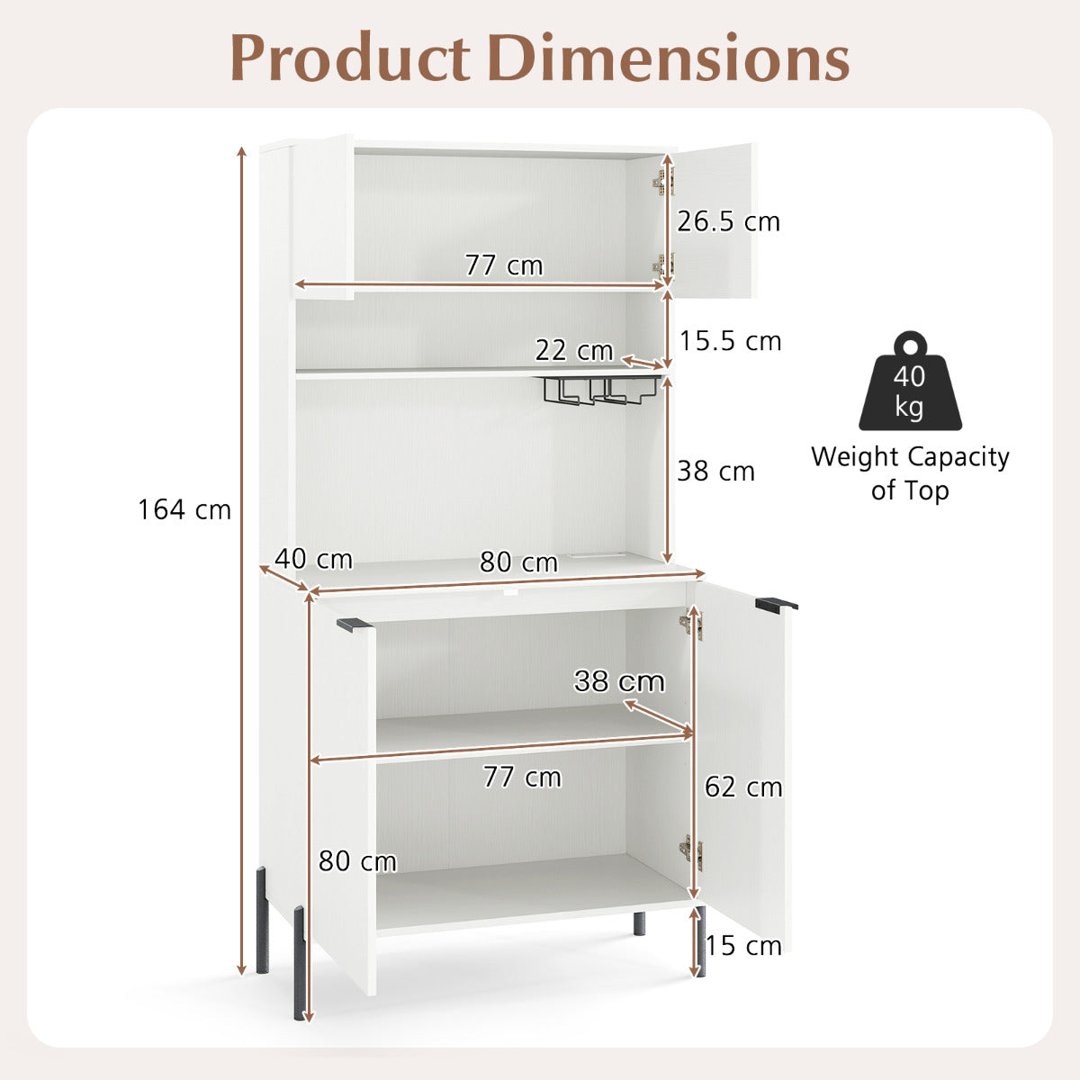 Kitchen Pantry Cabinet with Power Outlets and Wine Racks-White
