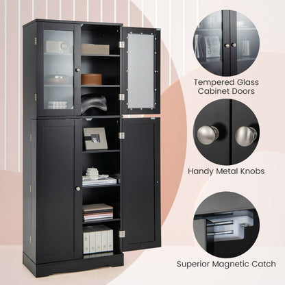 Kitchen Pantry Storage Cabinet with Glass Doors and Storage Shelves-Black