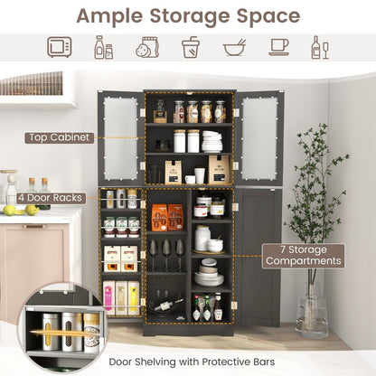Kitchen Pantry Storage Cabinet with Glass Doors and Storage Shelves-Black