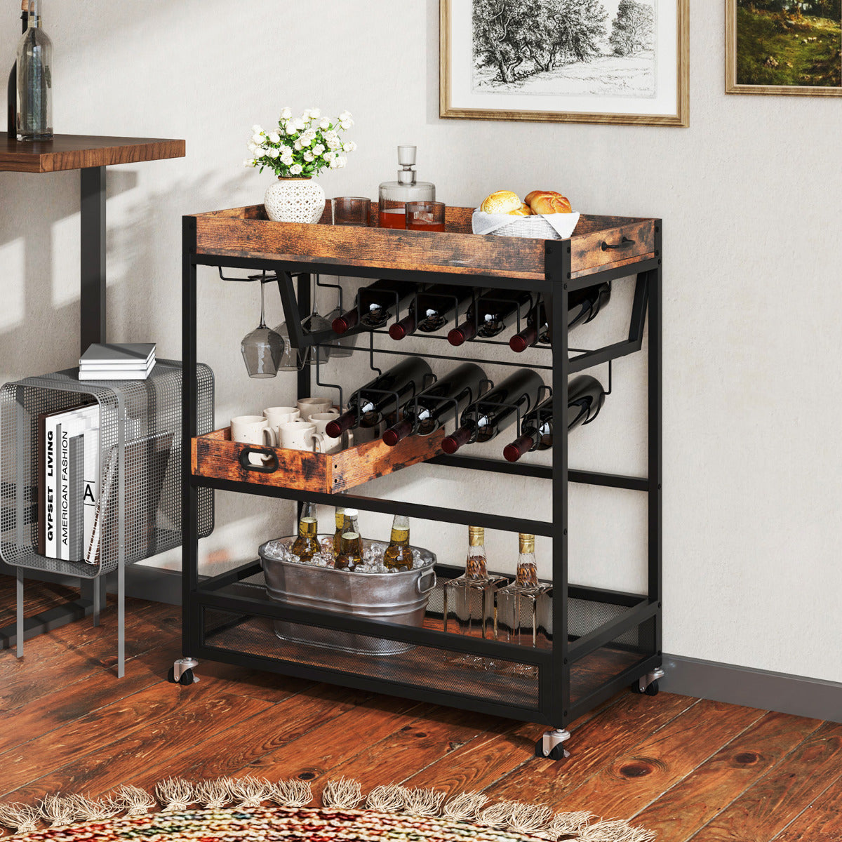 Kitchen Serving Cart with Removable Tray and Wine Rack-Rustic Brown