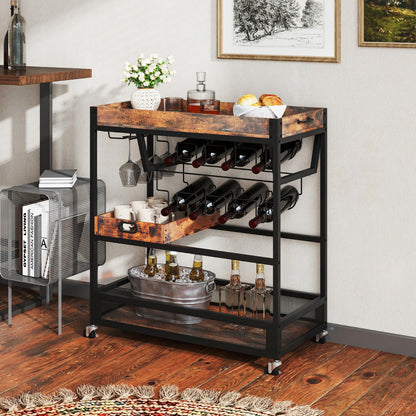 Kitchen Serving Cart with Removable Tray and Wine Rack-Rustic Brown