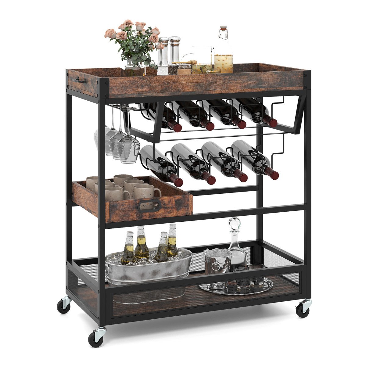 Kitchen Serving Cart with Removable Tray and Wine Rack-Rustic Brown