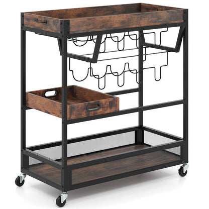 Kitchen Serving Cart with Removable Tray and Wine Rack-Rustic Brown