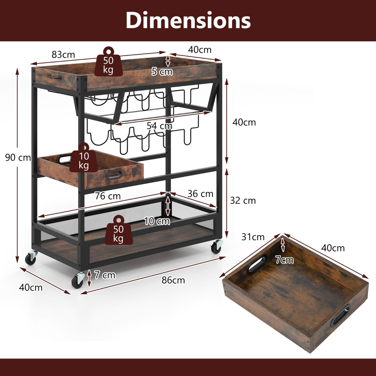 Kitchen Serving Cart with Removable Tray and Wine Rack-Rustic Brown