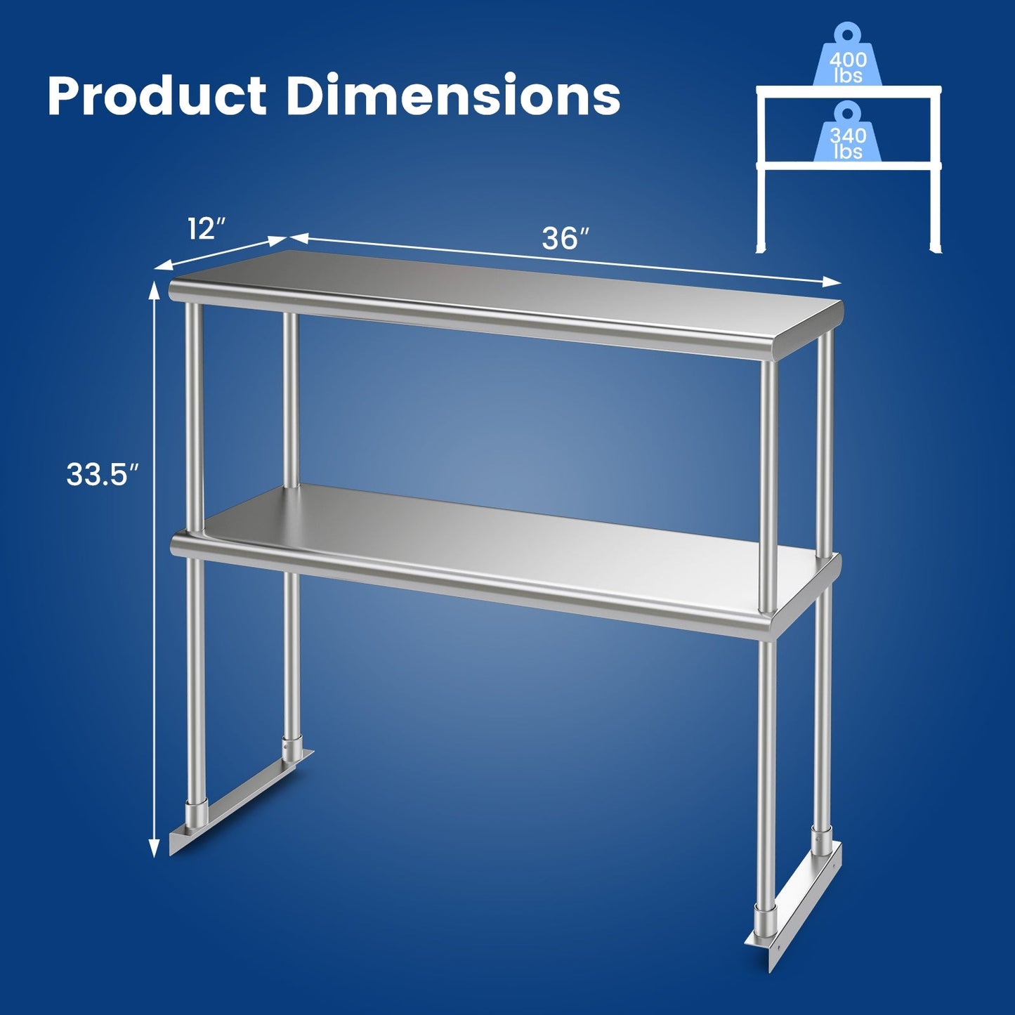 Stainless Steel Overshelf with Adjustable Lower Shelf for Restaurant Kitchen
