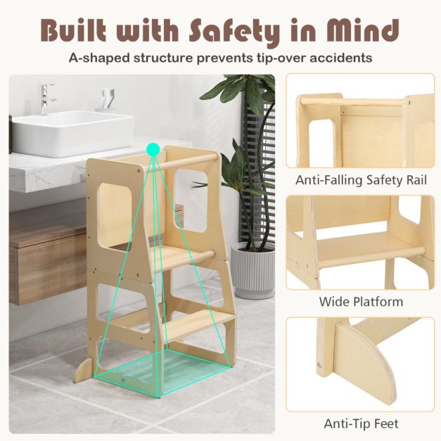 3-in-1 Foldable Kitchen Standing Tower for Toddlers with Chalkboard, Weaning Table-Natural