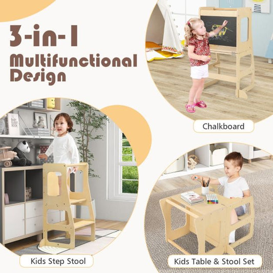 3-in-1 Foldable Kitchen Standing Tower for Toddlers with Chalkboard, Weaning Table-Natural