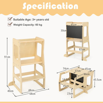3-in-1 Foldable Kitchen Standing Tower for Toddlers with Chalkboard, Weaning Table-Natural