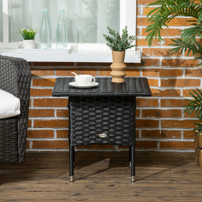 Outsunny Rattan Side Table, Outdoor Coffee Table, with Plastic Board Under the Full Woven Table Top for Patio, Garden, Balcony, Black