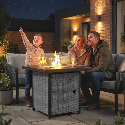 Outsunny Propane Gas Fire Pit Table for Garden, 11.7 KW Smokeless Firepit Outdoor Heater with Wind Guard, Glass Rocks, Lid, Black