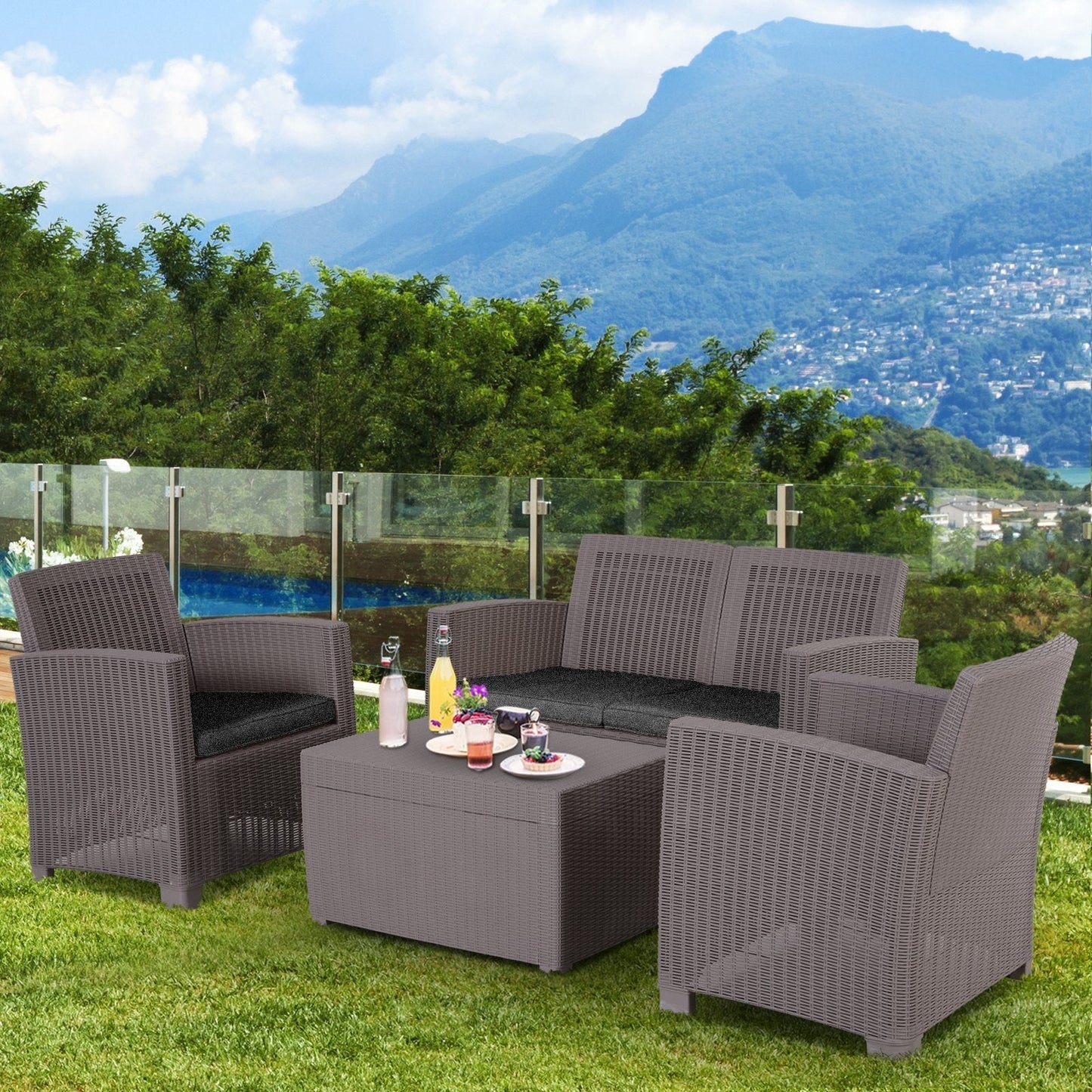 Outsunny 4-Seater Outdoor Garden PP Rattan Effect Furniture Set w/ Cushion Grey