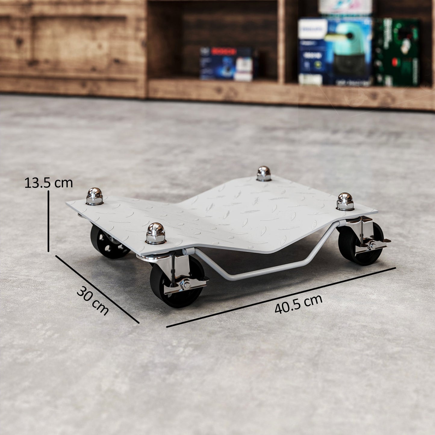 DURHAND Two-Piece Car Wheel Dolly with Swivel Casters, Non-Slip Metal Plates, 680kg Capacity, Grey