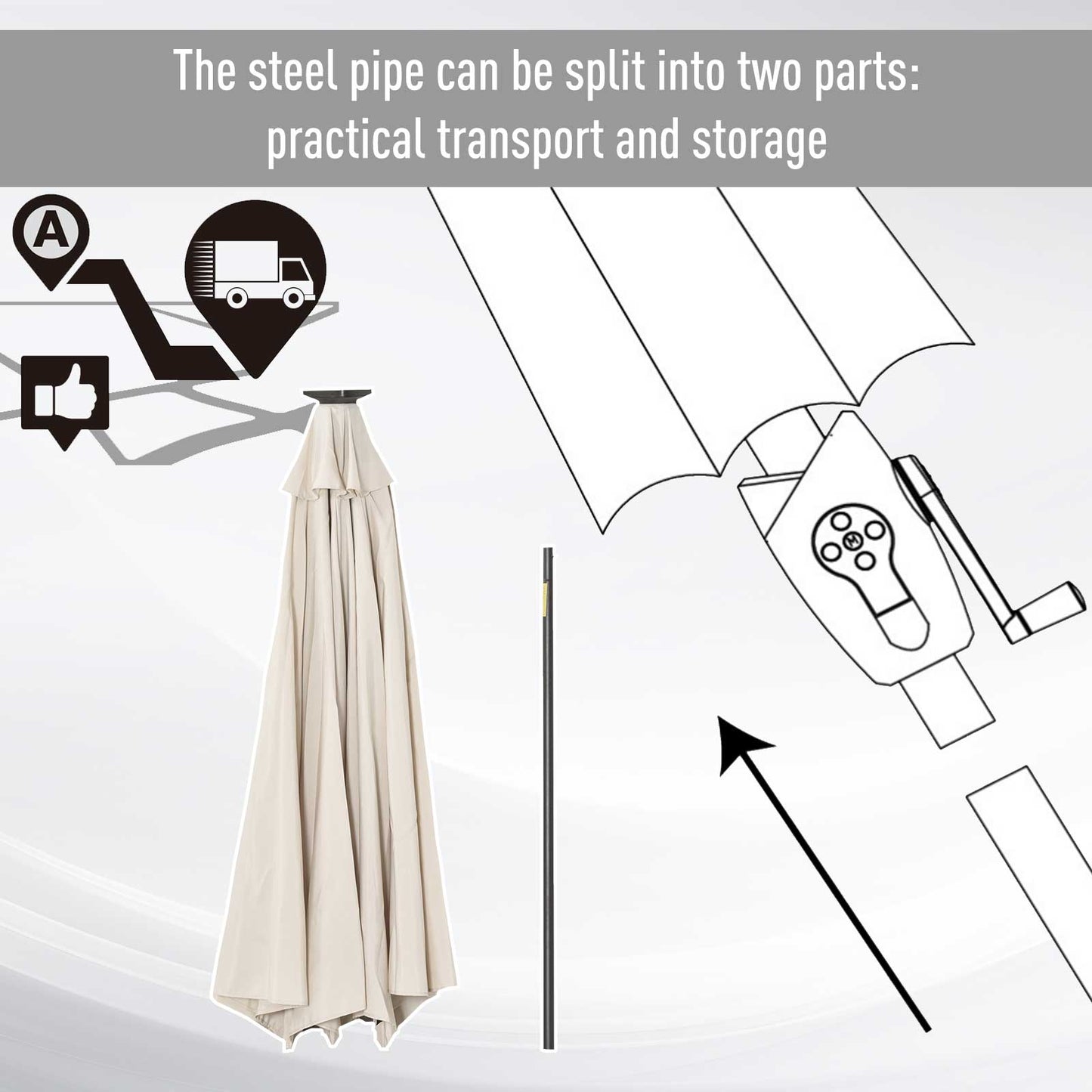 Outsunny â2.7m Garden 24 LED Light Parasol Solar Outdoor Tilt Sun Umbrella Patio Club Party Event Manual Sun Shade w/ Hand Crank and 8 Ribs, Off-white
