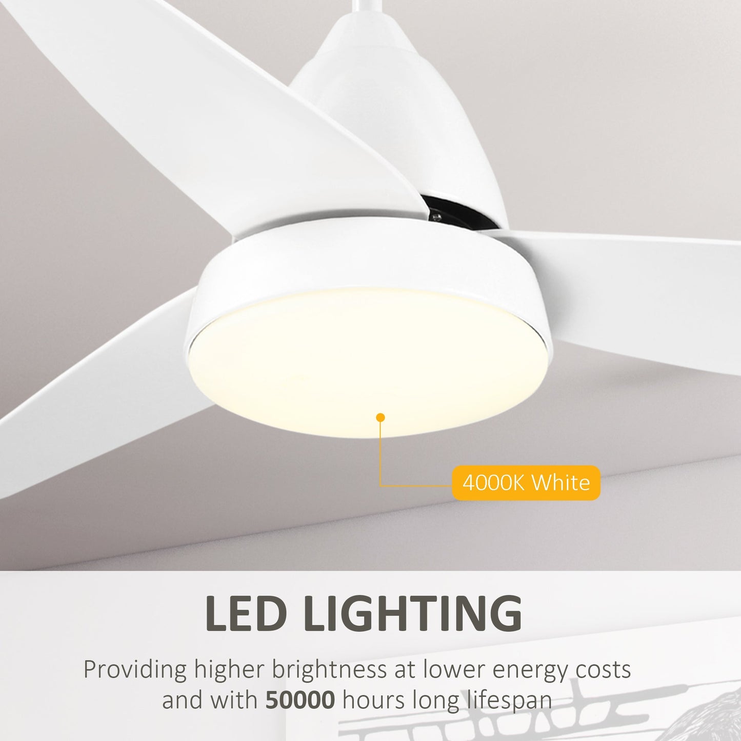 HOMCOM Reversible Ceiling Fan ze światłem, 3 łopatki, nowoczesny montaż do wnętrz, biały wentylator LED z pilotem, do sypialni, salonu, biały