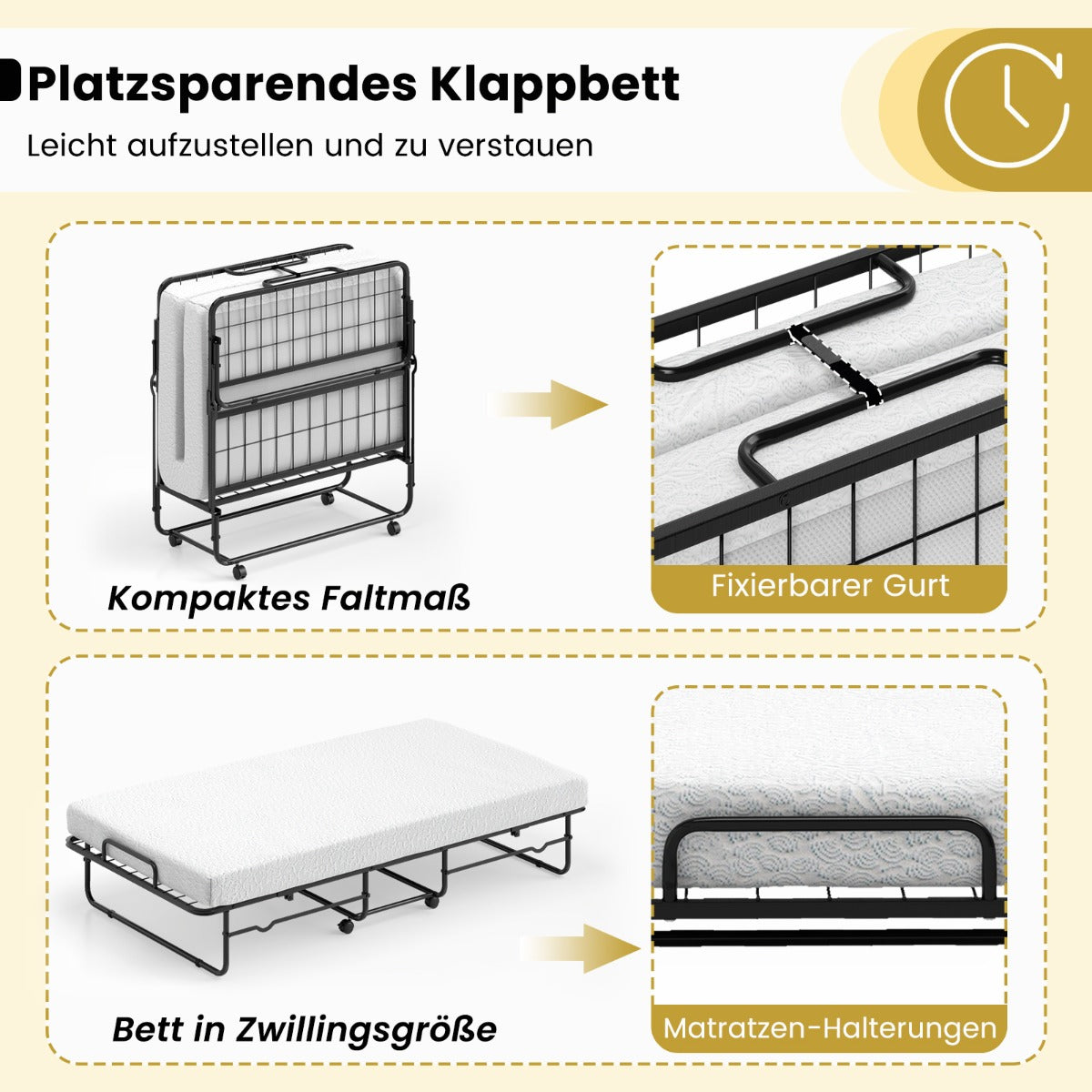 Folding Bed 190x90cm with Mattress Single Extra Bed with Memory Foam Metal Frame Lockable Caster Bed