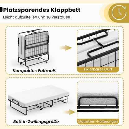 Folding Bed 190x90cm with Mattress Single Extra Bed with Memory Foam Metal Frame Lockable Caster Bed