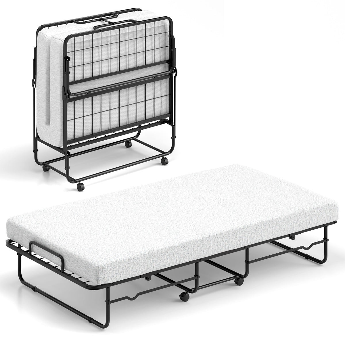 Folding Bed 190x90cm with Mattress Single Extra Bed with Memory Foam Metal Frame Lockable Caster Bed