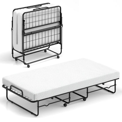 Folding Bed 190x90cm with Mattress Single Extra Bed with Memory Foam Metal Frame Lockable Caster Bed