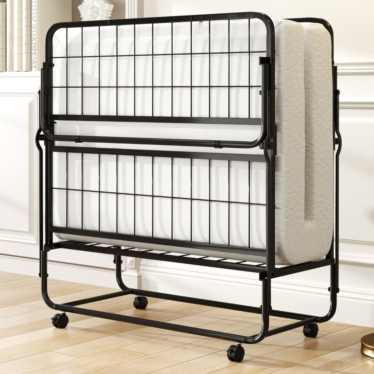 Folding Bed 190x90cm with Mattress Single Extra Bed with Memory Foam Metal Frame Lockable Caster Bed