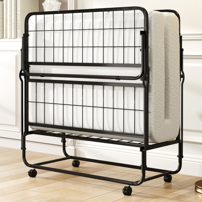 Folding Bed 190x90cm with Mattress Single Extra Bed with Memory Foam Metal Frame Lockable Caster Bed