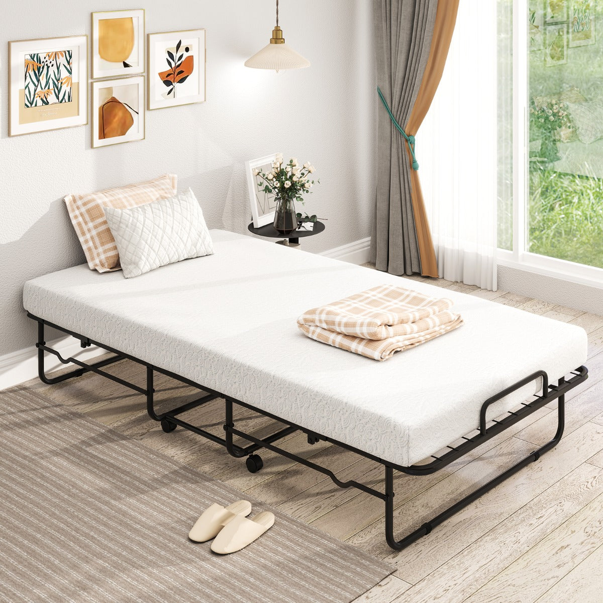 Folding Bed 190x90cm with Mattress Single Extra Bed with Memory Foam Metal Frame Lockable Caster Bed