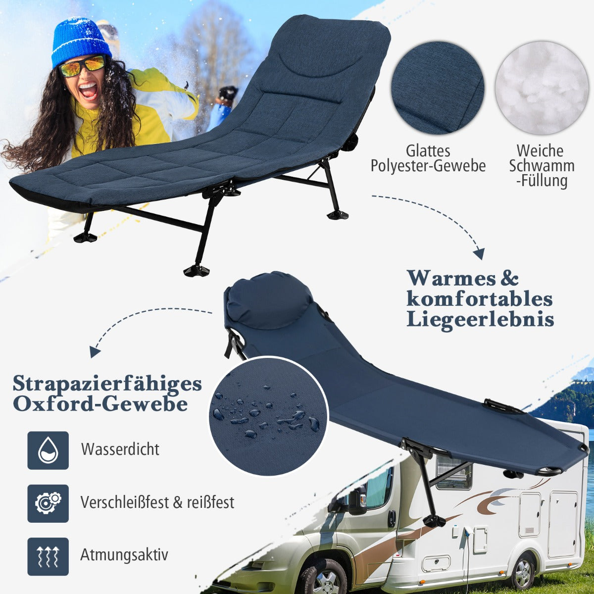 Folding Camping Cot with Detachable Mattress and Adjustable Backrest-Navy