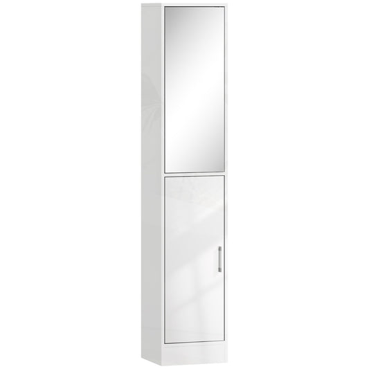 kleankin Tall Bathroom Cabinet with Mirror and Adjustable Shelf in High Gloss White