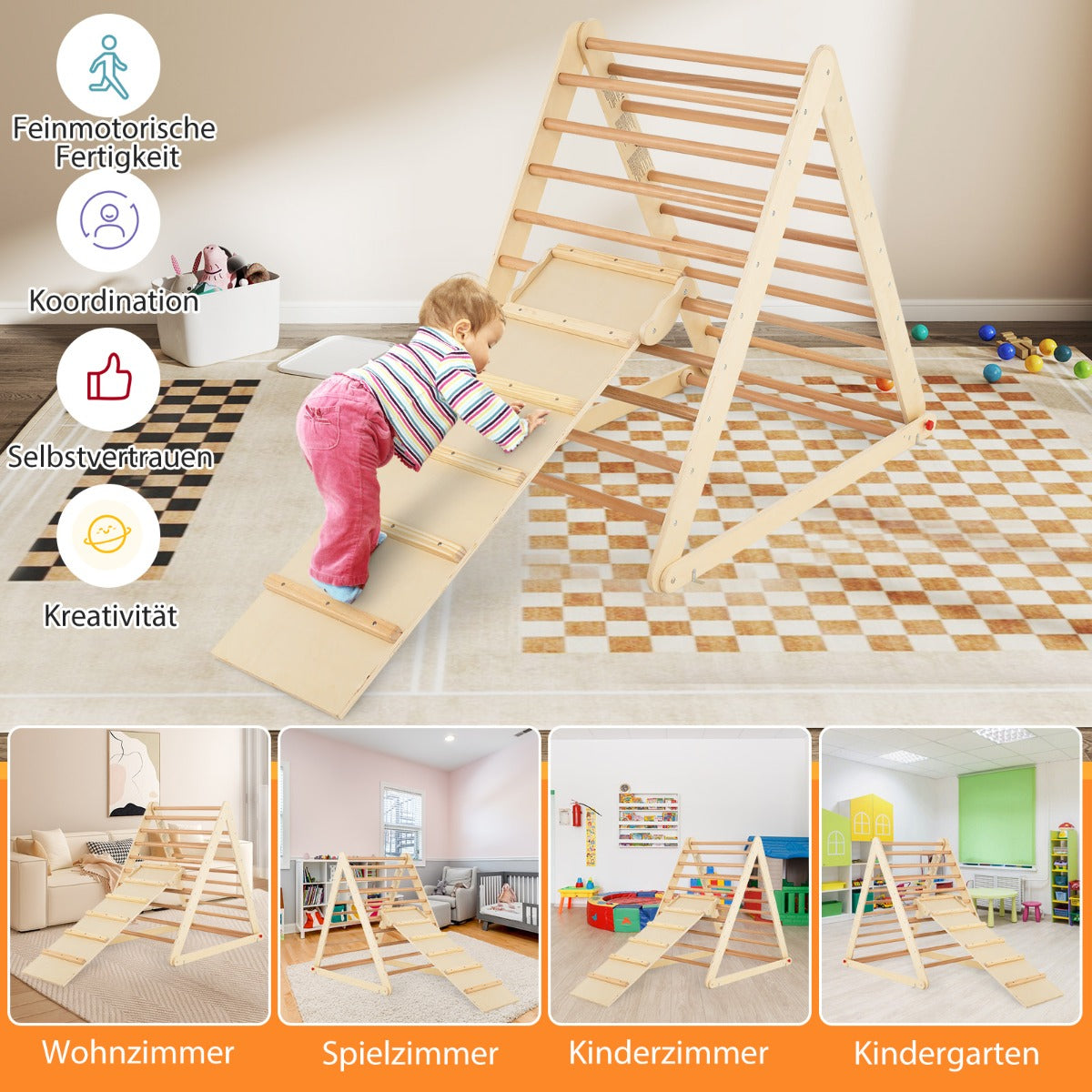 Wooden Climbing Ladder with Ramp for Kindergarten or Home-Natural