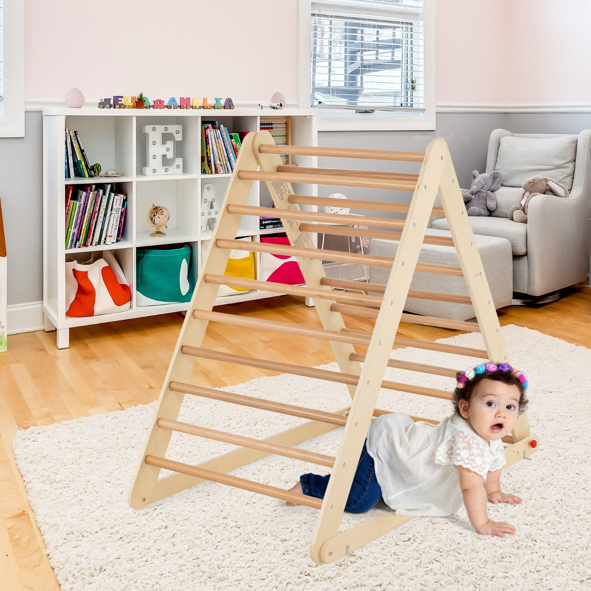 Wooden Climbing Ladder with Ramp for Kindergarten or Home-Natural