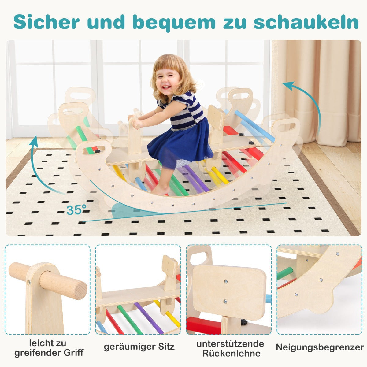 4-in-1 Wooden Climbing Toys for Toddler Rocking Horse Arch with Backrest-Multicolor