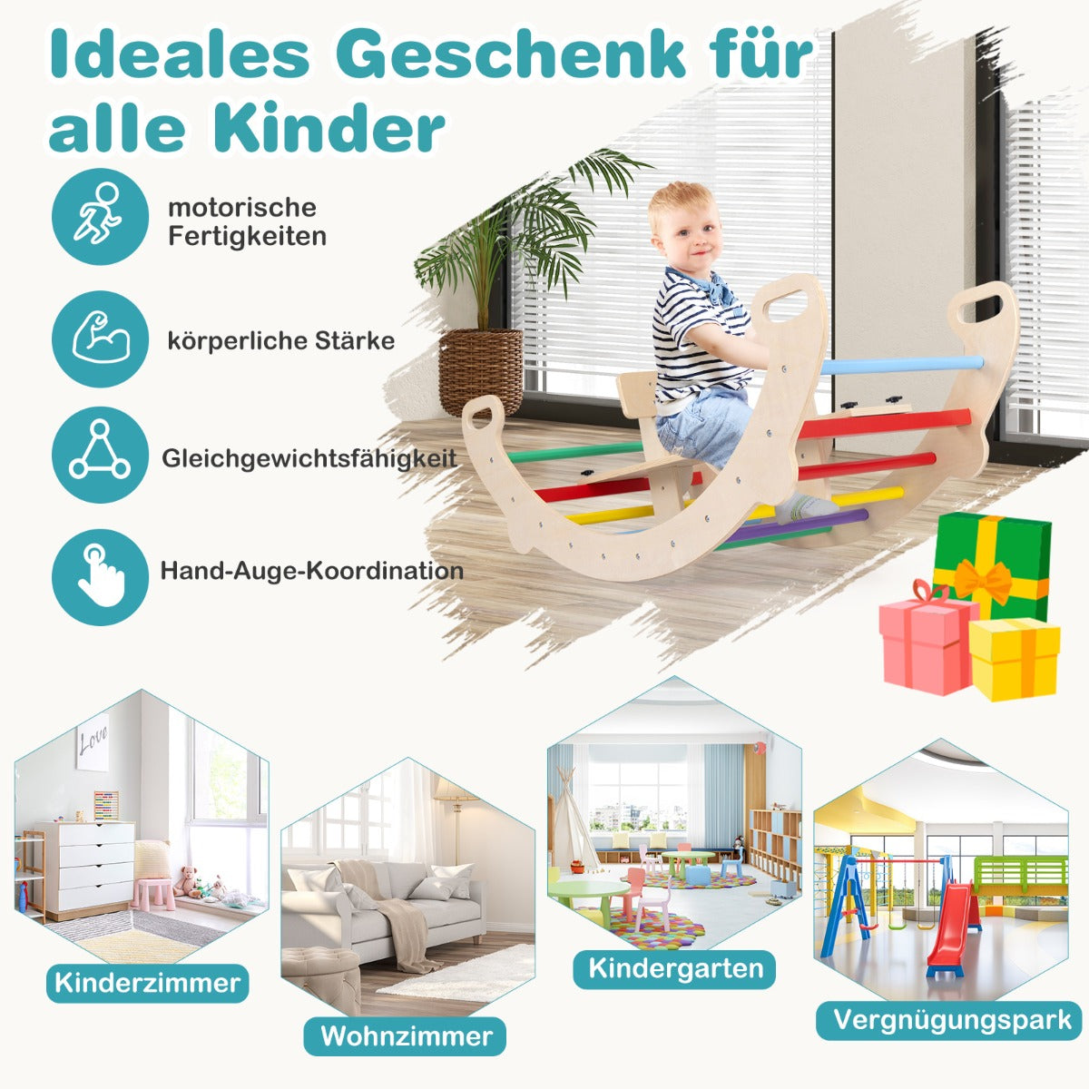 4-in-1 Wooden Climbing Toys for Toddler Rocking Horse Arch with Backrest-Multicolor