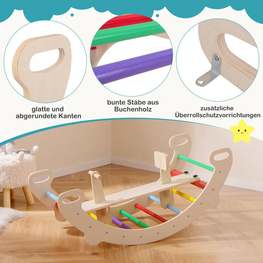 4-in-1 Wooden Climbing Toys for Toddler Rocking Horse Arch with Backrest-Multicolor