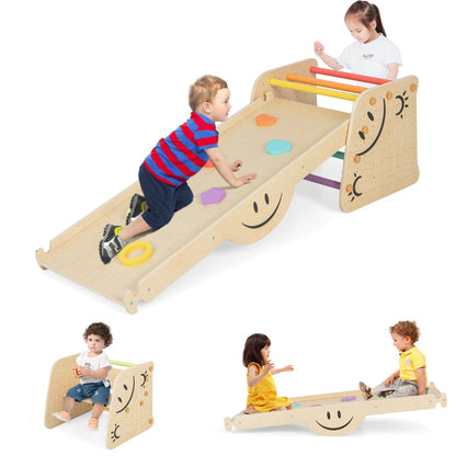 Wooden Climbing Toy Triangle Climber Set with Seesaw-Multicolor