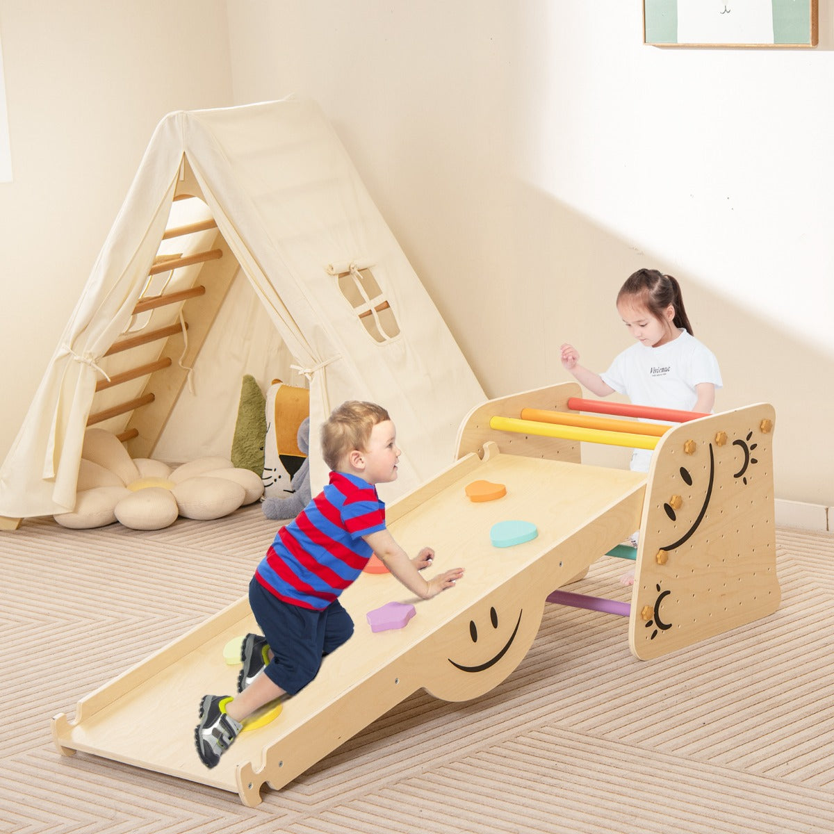 Wooden Climbing Toy Triangle Climber Set with Seesaw-Multicolor