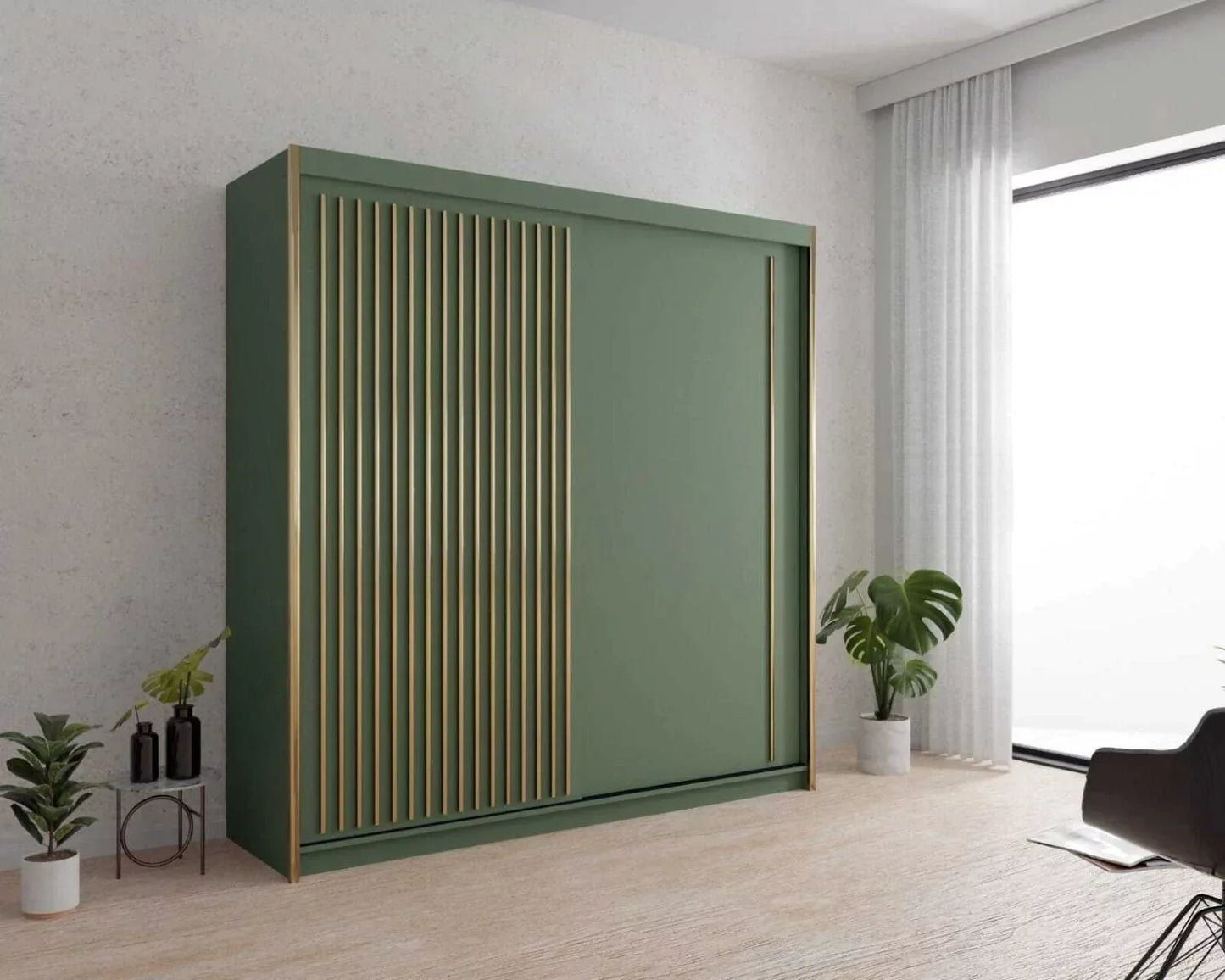 Kesteven Gold Strip Design Green Sliding Door Wardrobe - 203cm