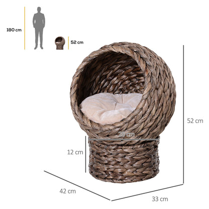 PawHut Wicker Cat Bed, Raised Rattan Cat Basket with Cylindrical Base, Soft Washable Cushion, 42 x 33 x 52cm - Brown