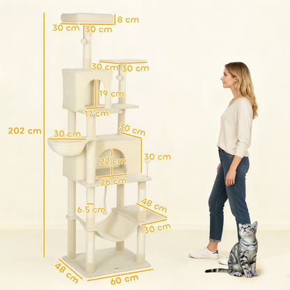 PawHut 202cm Cat Tree with 6 Scratching Posts, 2 Hammocks, 2 Condos, 2 Perches, Pompoms, for Cats to Rest and Play, Beige