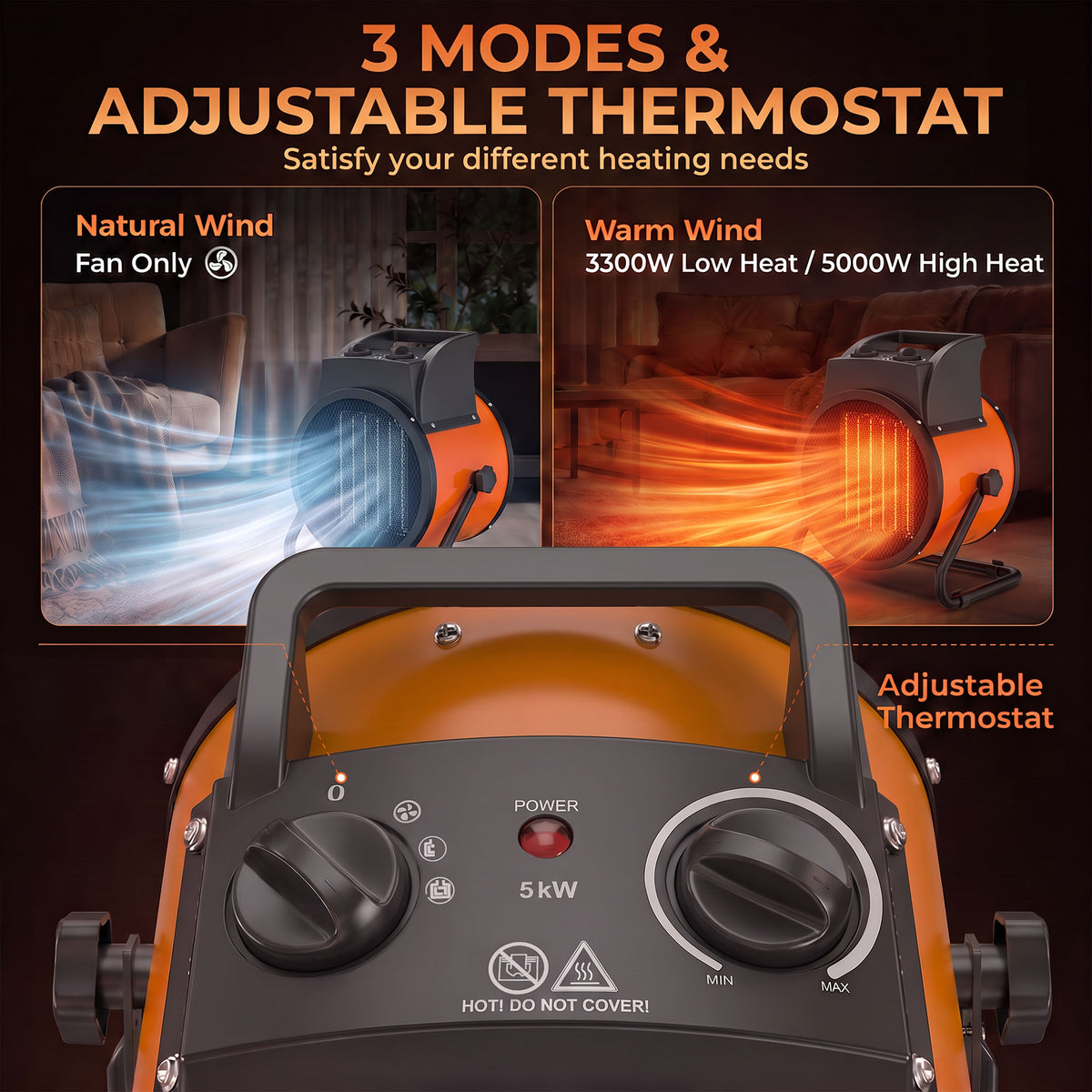 Outsunny Industrial Fan Heater 5000W with Tilting, Electric Ceramic Space Heater with Adjustable Thermostat, Handle