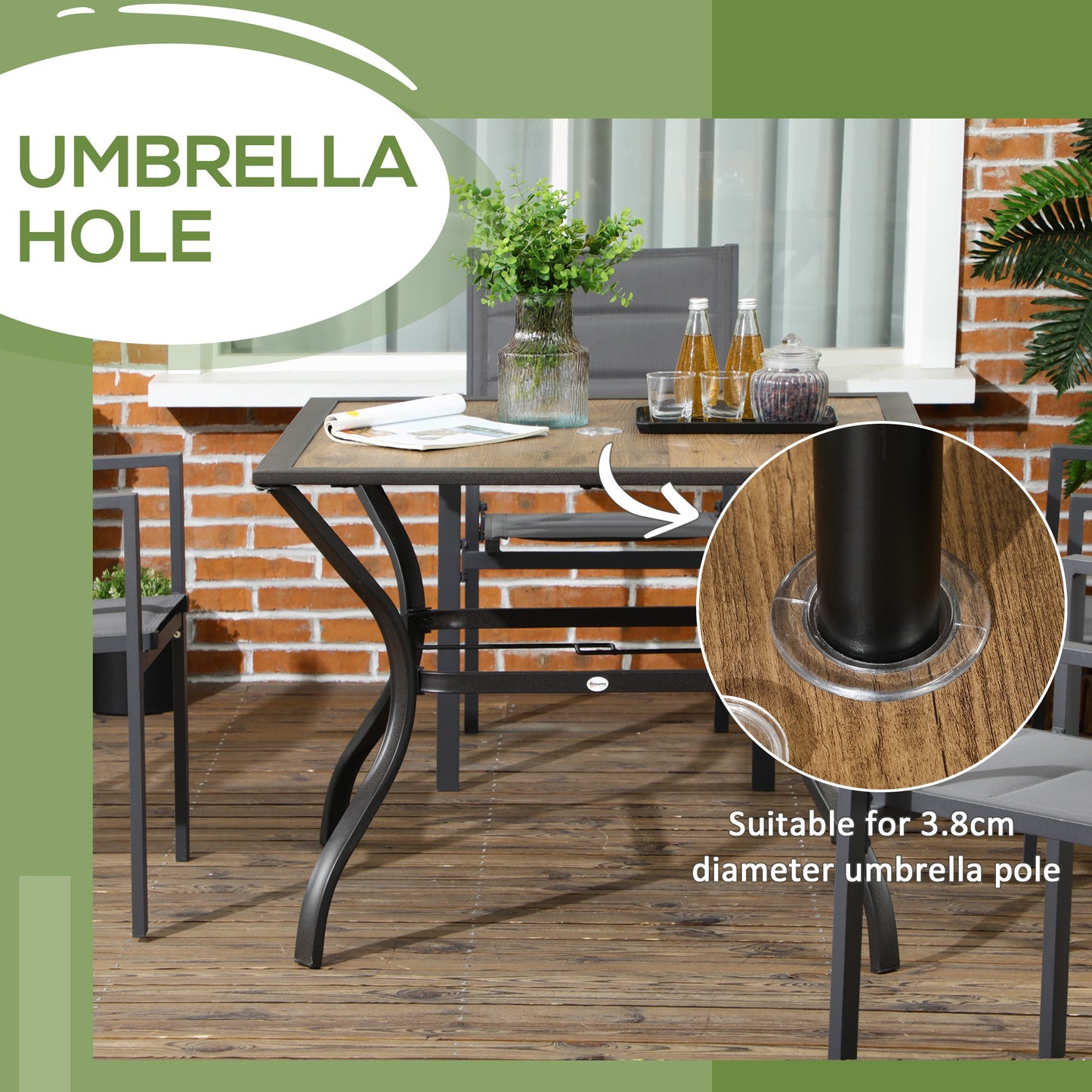 Outsunny Outdoor Garden Table Dining Table dla 4 osób z otworem na parasol, blat z płyty PC z efektem słojów kamienia na patio, ogród, brązowy