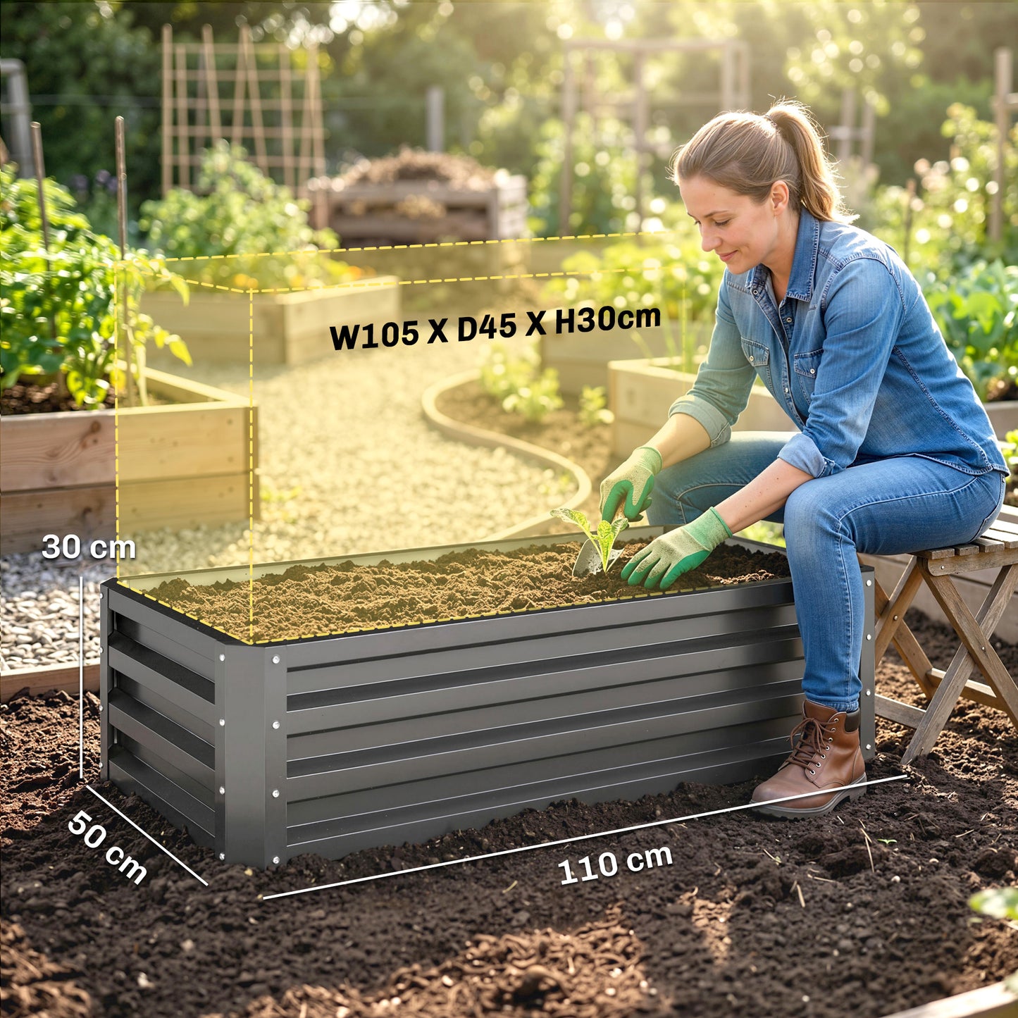 Outsunny Set of Two 110 x 50cm Steel Planter Boxes - Dark Grey