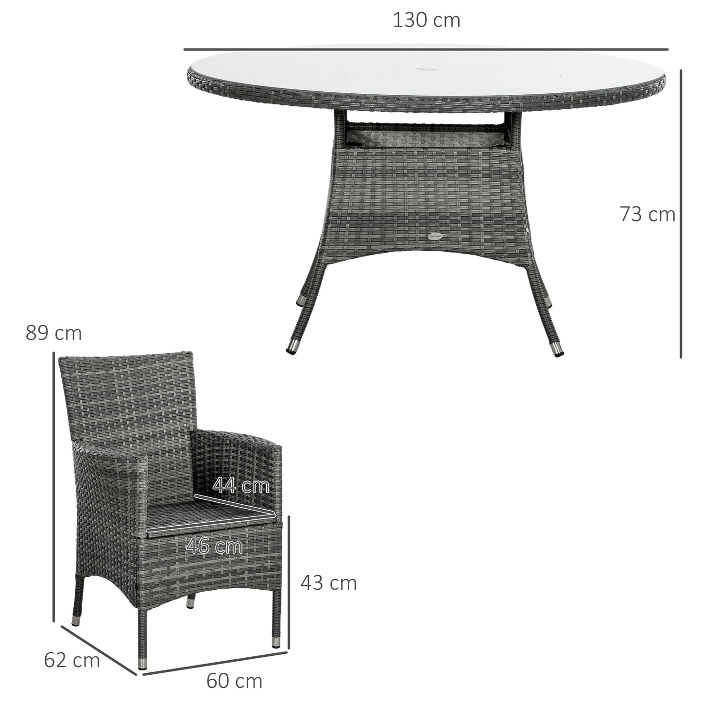 Outsunny Seven-Piece Rattan Dining Table, with Round Glass-Top Table - Mixed Grey