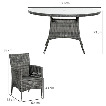 Outsunny Seven-Piece Rattan Dining Table, with Round Glass-Top Table - Mixed Grey