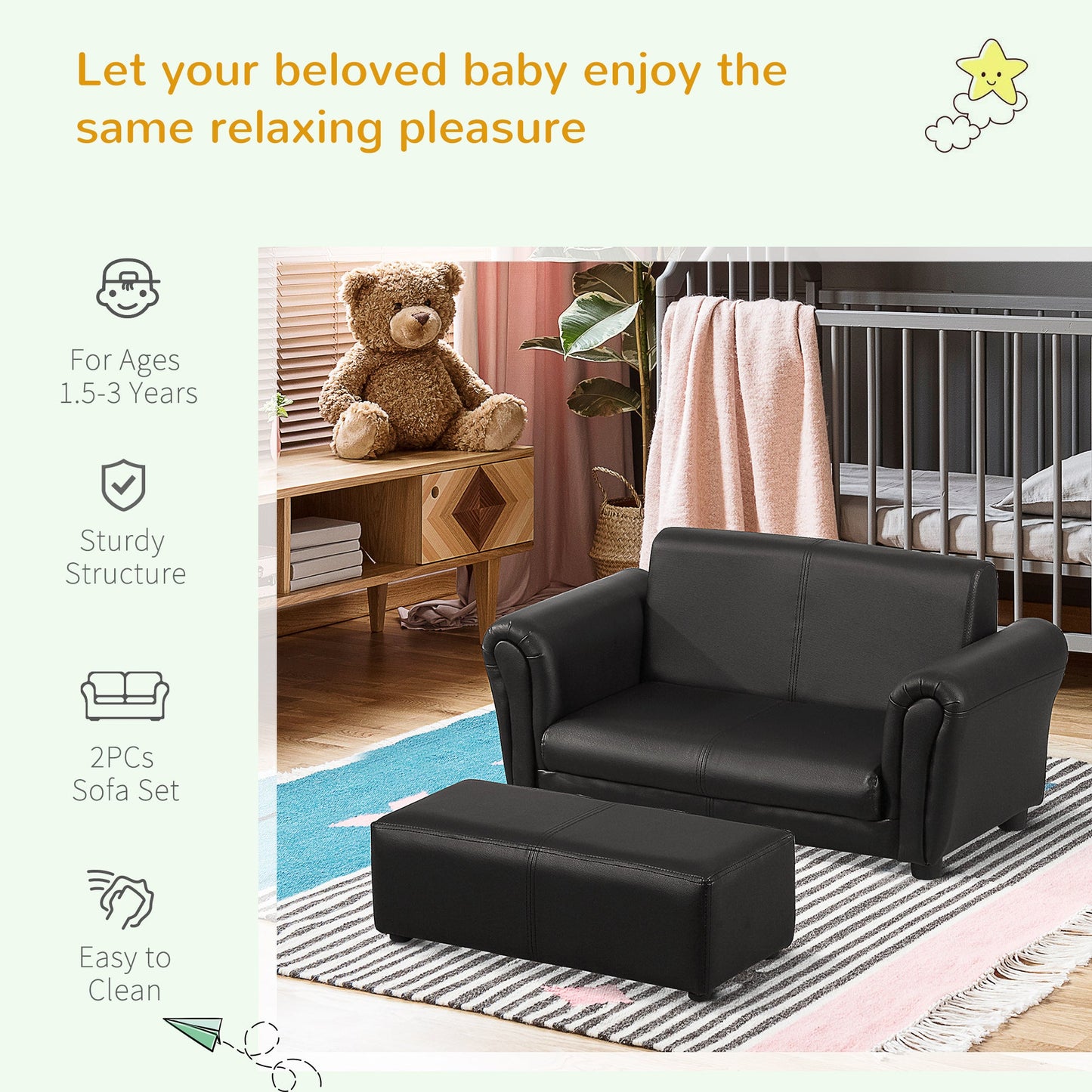Sofa dziecięca HOMCOM z funkcją spania, sofa dla dzieci, fotel dla malucha, sofa dla chłopców i dziewcząt, sofa dwuosobowa z podnóżkiem (czarna)