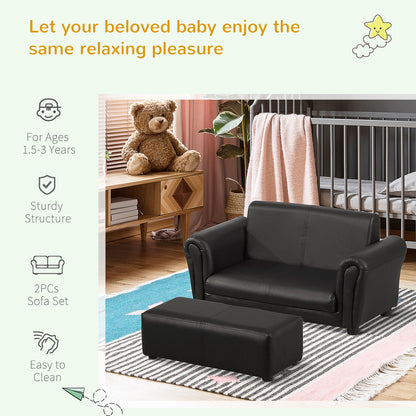 Sofa dziecięca HOMCOM z funkcją spania, sofa dla dzieci, fotel dla malucha, sofa dla chłopców i dziewcząt, sofa dwuosobowa z podnóżkiem (czarna)