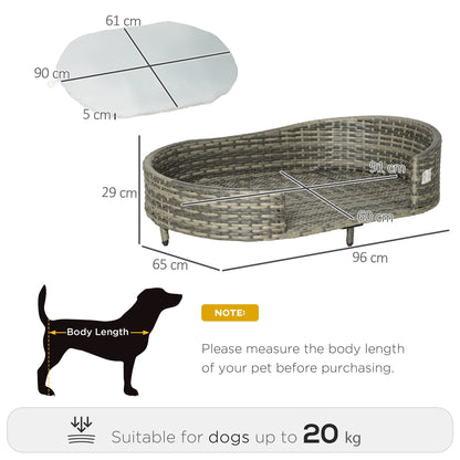 PawHut Elevated Wicker Dog Sofa, Rattan Cat Bed Hand Woven with Soft Cushion, Washable Cover, for Medium Dog, 96 x 65 x 29 cm, Grey